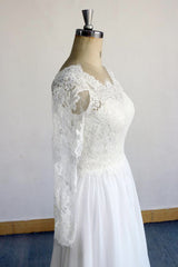 Long A-line Open Back Lace Chiffon Wedding Dress with Sleeves