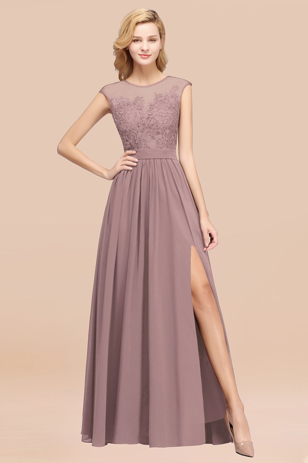 A-line Chiffon Lace Jewel Sleeveless Floor Length Bridesmaid Dresses with Appliques