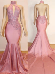 Halter Backless Mermaid Appliques Long Open Back Prom Dresses