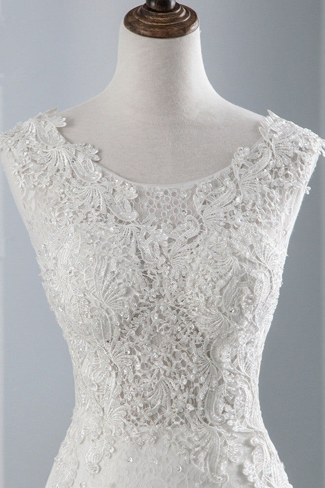 Glamorous Long Mermaid Jewel Tulle Sleeveless Wedding Dress with Appliques Lace