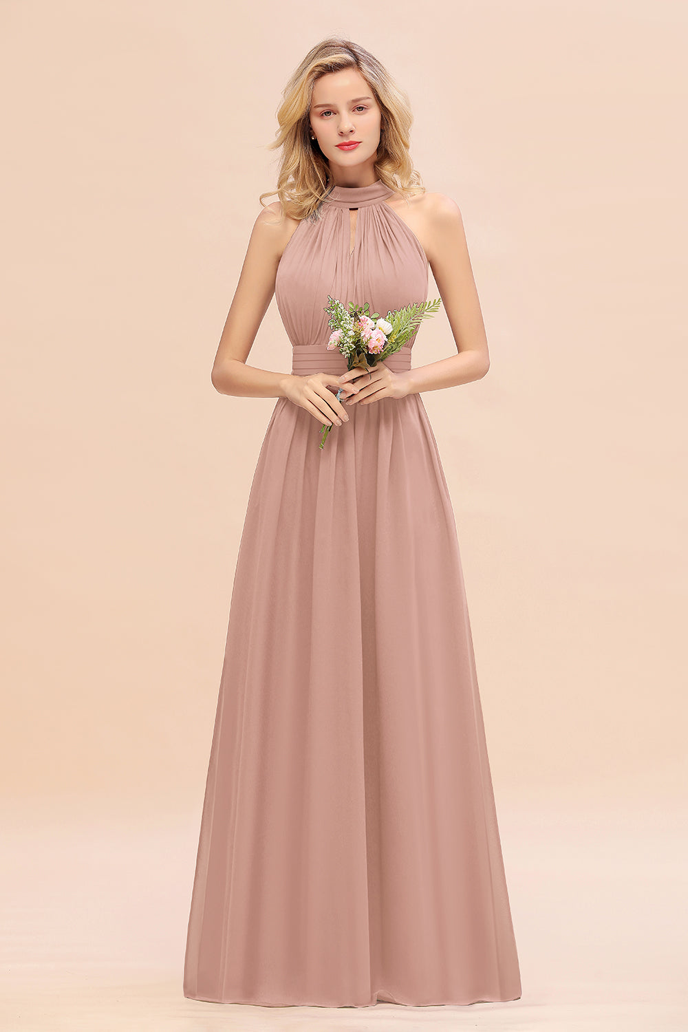 Dusty Sage Long High Neck Chiffon Bridesmaid Dresses with Ruffle
