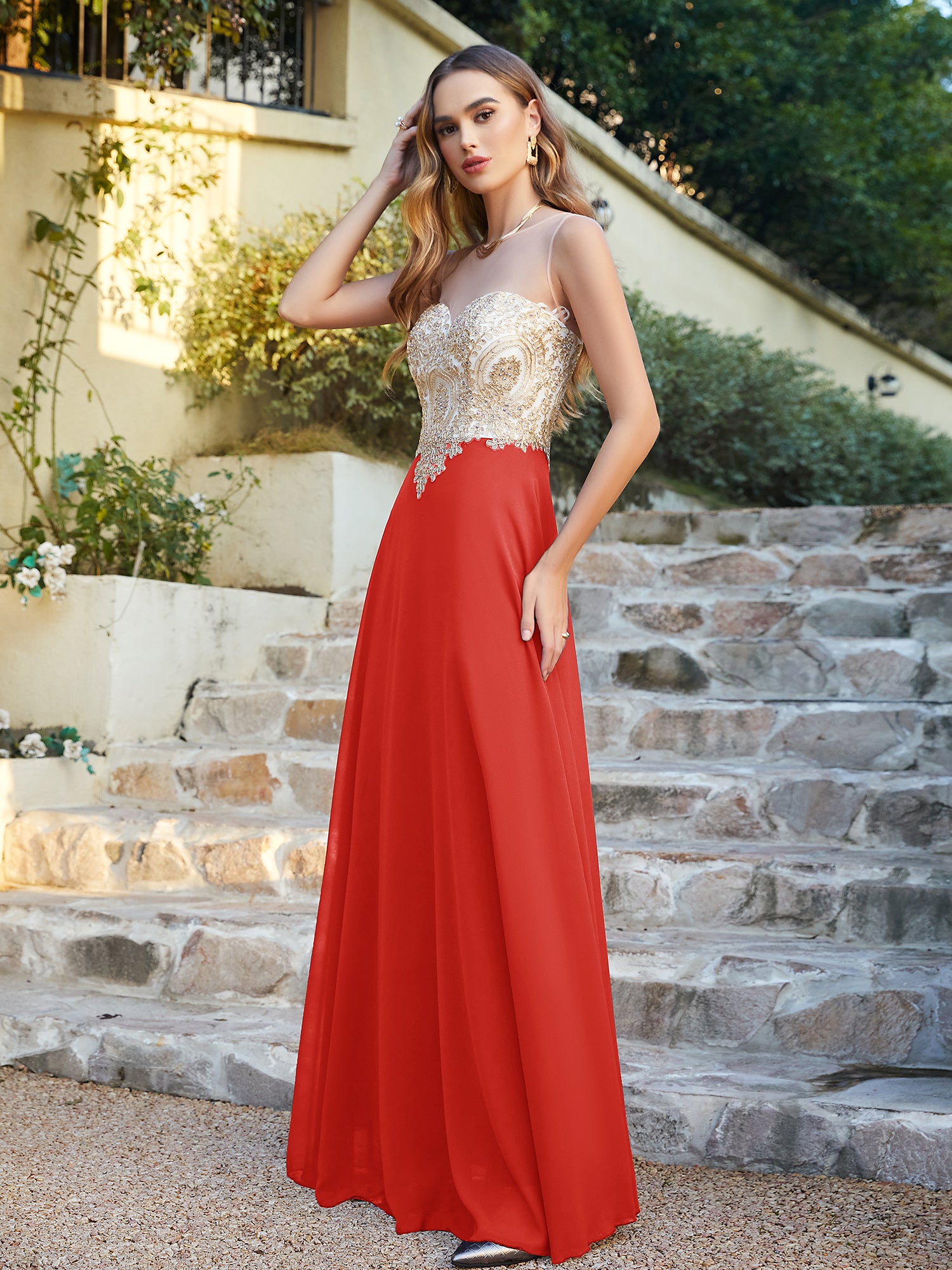 Elegant Long A-line Chiffon Sleeveless Tulle Lace Appliques Prom Dress