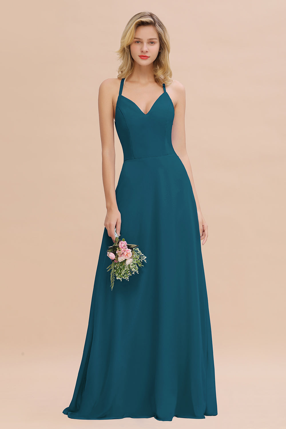 Stylish Chiffon Spaghetti Straps Sleeveless Long Bridesmaid Dress