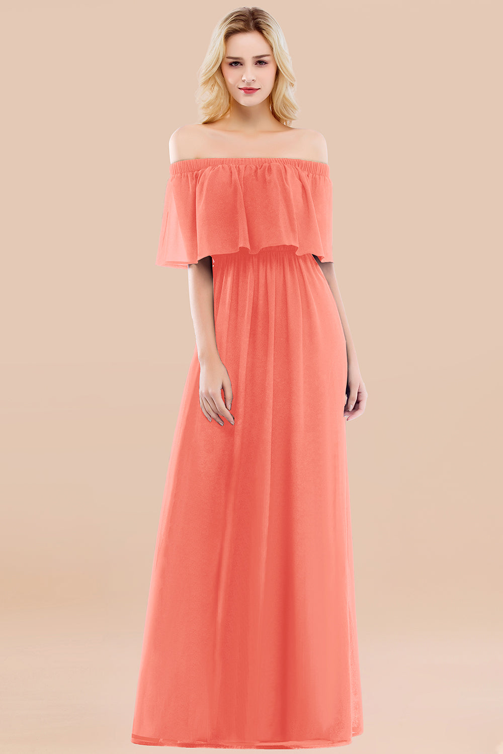 A-line Chiffon Off the Shoulder Short Sleeves Ruffles Floor Length Bridesmaid Dress