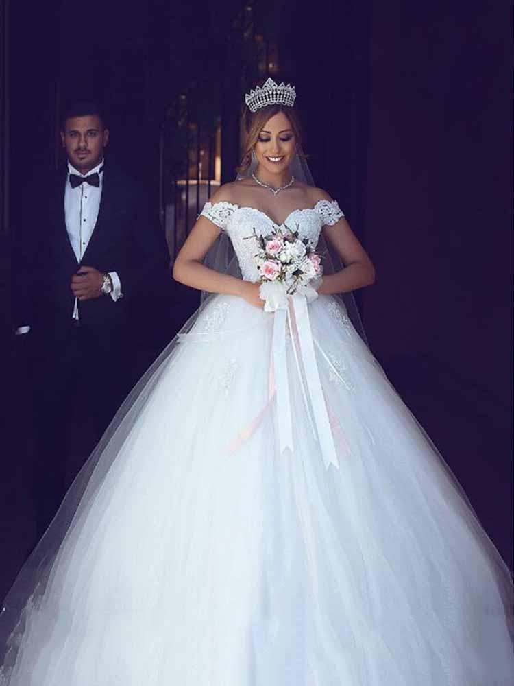 Long Off the Shoulder Lace Ball Gown Tulle Wedding Dresses