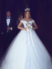 Long Off the Shoulder Lace Ball Gown Tulle Wedding Dresses