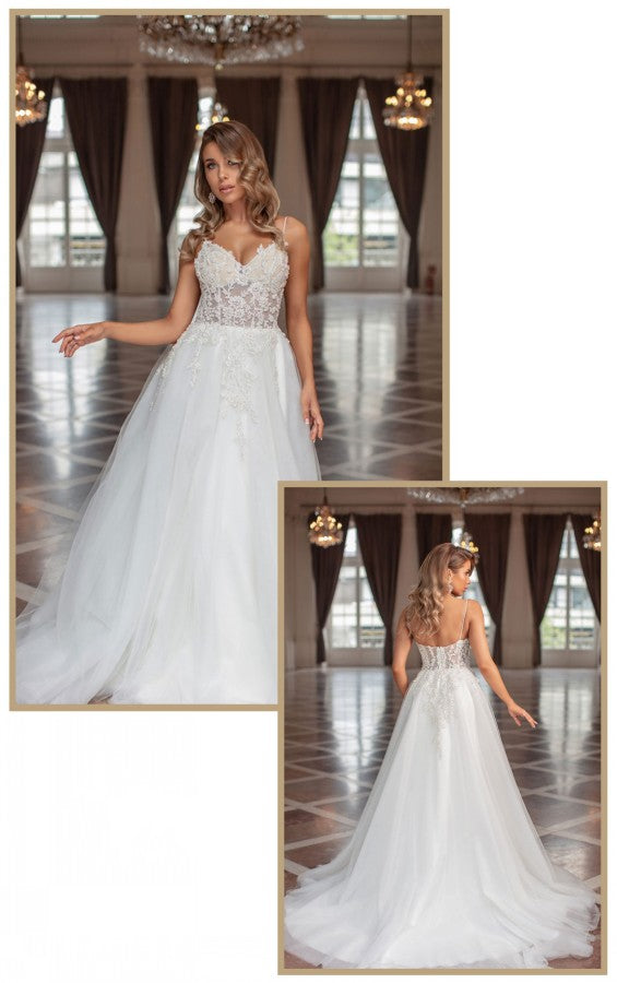 Modest Long A-line V-neck Tulle Lace Backless Wedding Dresses