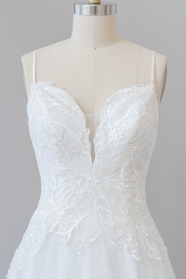Long Sweetheart Spaghetti Strap Applique Tulle A-line Wedding Dress