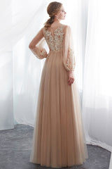 Champagne A-line Long Sleeves Appliques Tulle Evening Dresses