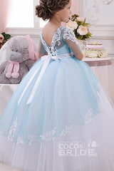 Long Scoop Neck 1/2 Sleeve Ball Gown Flower Girl Dress