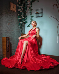 Elegant Long A-line Halter Satin Sleeveless Prom Dress with slit