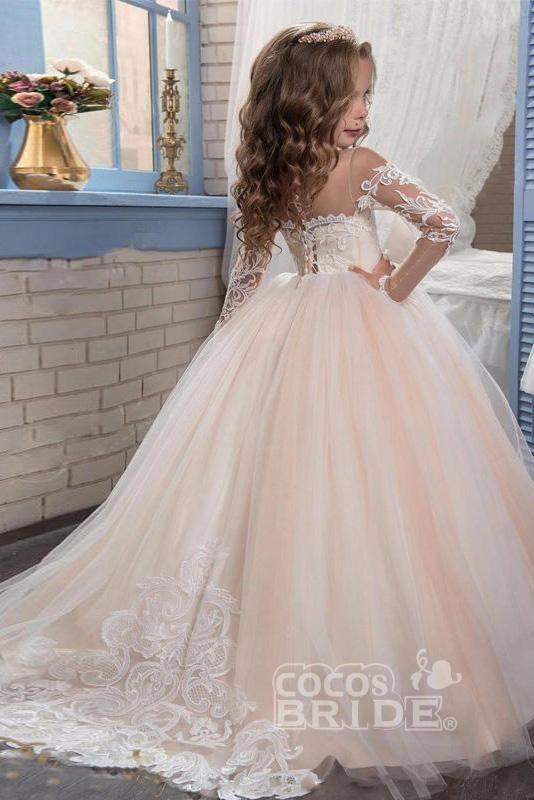 White Scoop Neck Long Sleeves Ball Gown Flower Girl Dress