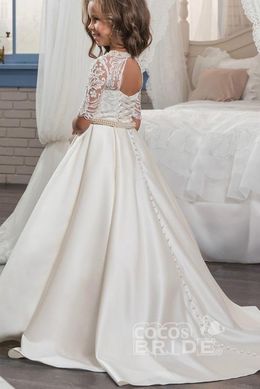 White Long A-line Scoop Neck Satin Lace Flower Girl Dress