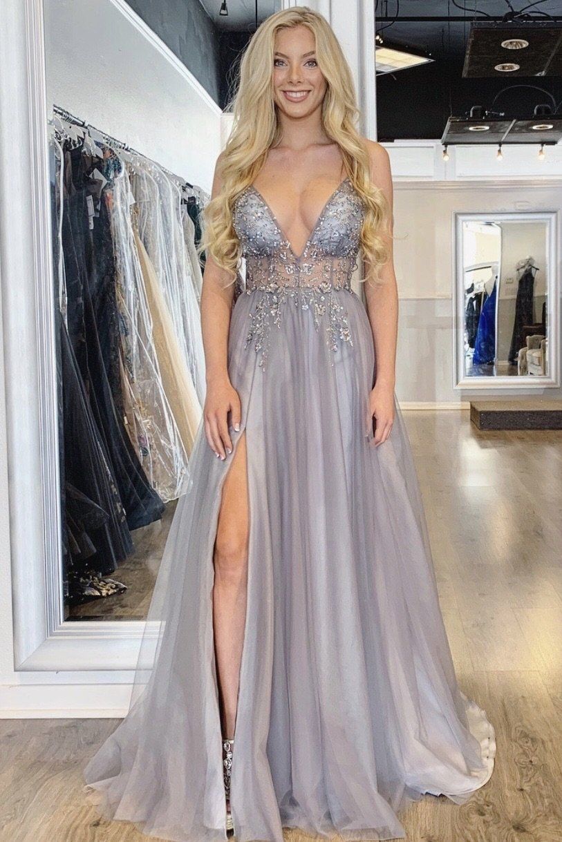 Long V-neck Tulle Beaded A-line Prom Dress with Slit