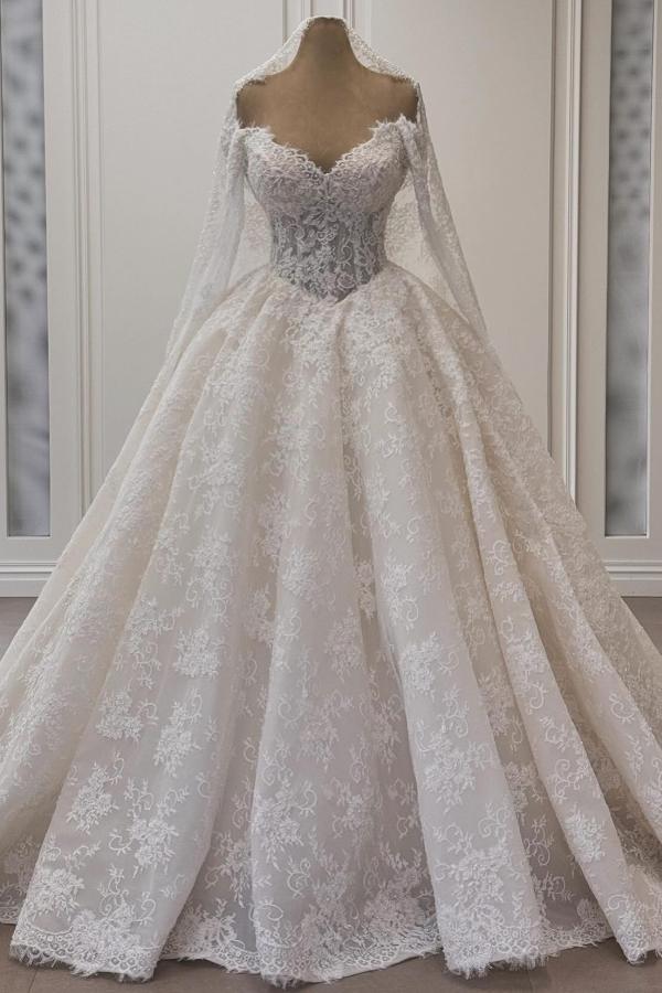 V-Neck Long A-Line White Lace Wedding Dresses Tulle With Ruffles