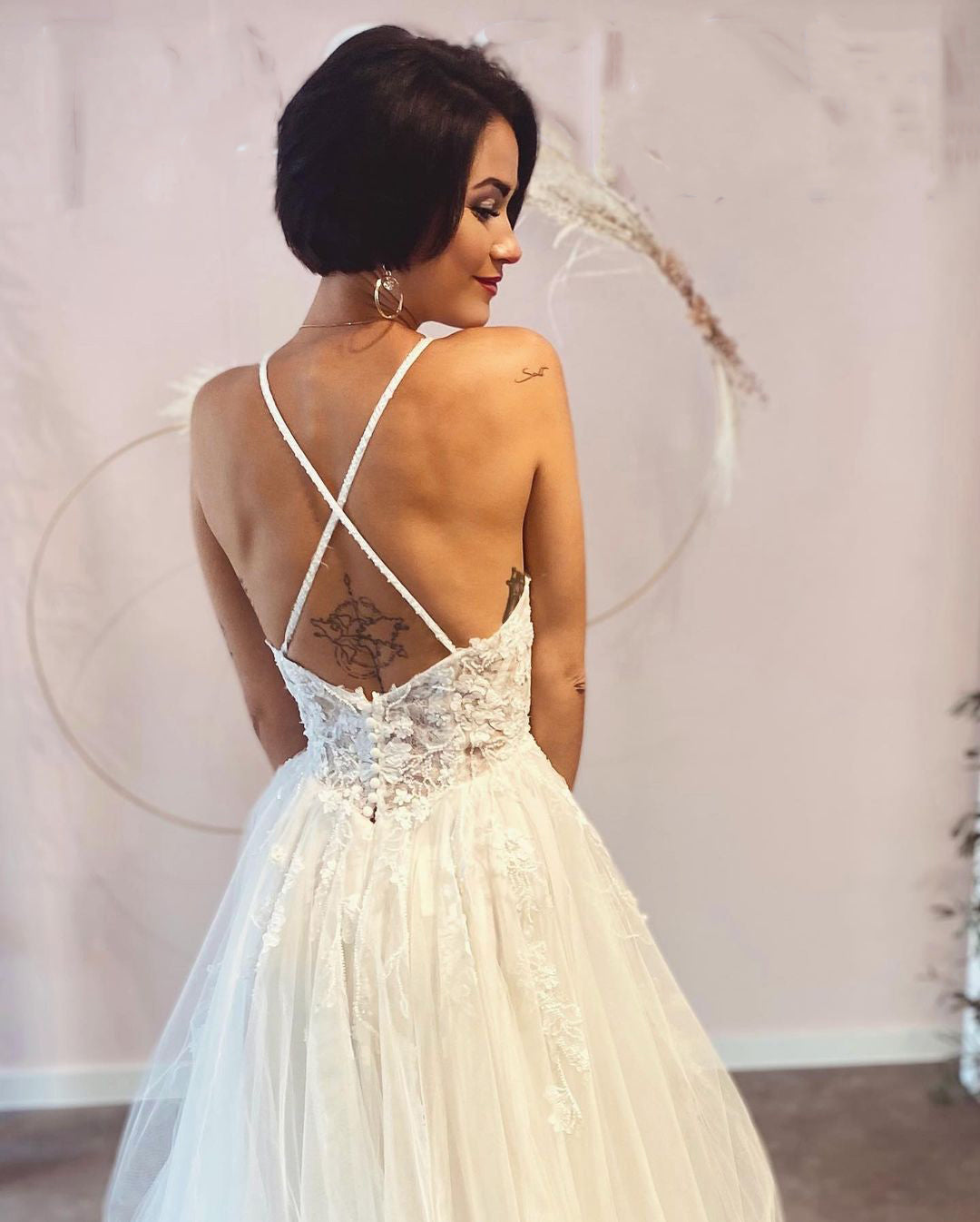 Long A-line Deep V-neck Tulle Spaghetti Straps Lace Backless Wedding Dress