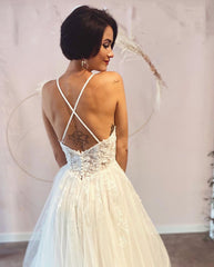 Long A-line Deep V-neck Tulle Spaghetti Straps Lace Backless Wedding Dress