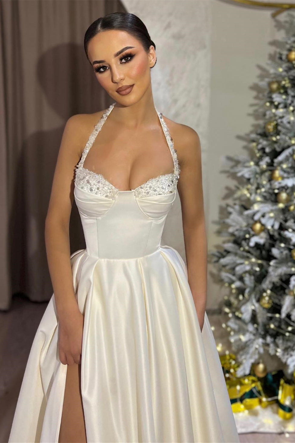 A-Line Satin Long Split Front Halter Formal Prom Dress with Beads