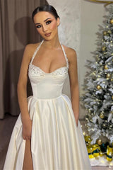 A-Line Satin Long Split Front Halter Formal Prom Dress with Beads