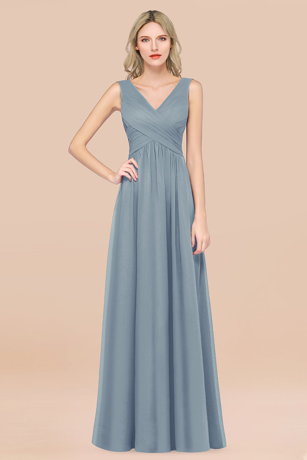 A-Line Chiffon Straps V-Neck Sleeveless Floor Length Bridesmaid Dress with Ruffles