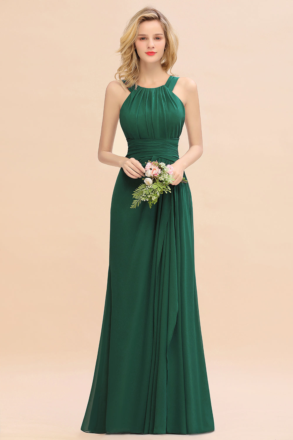 Long A-line Halter Chiffon Backless Floor Length Bridesmaid Dresses