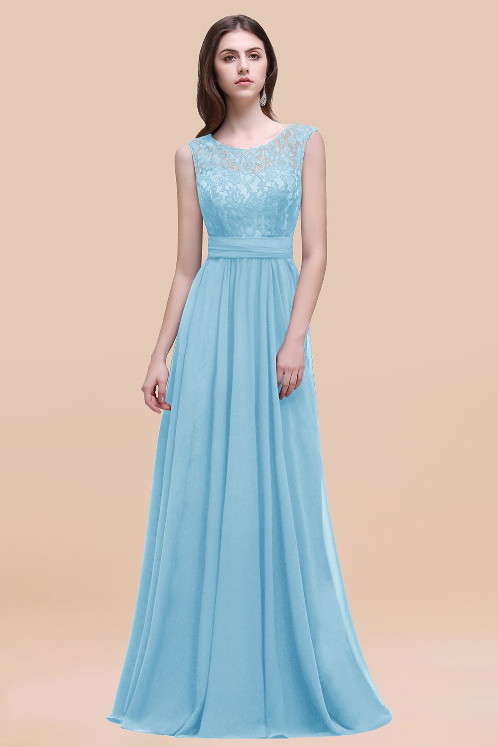 Elegant A-line Chiffon Lace Scoop Sleeveless Floor Length Bridesmaid Dress