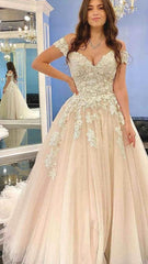 Modest Long A-line Off the Shoulder Tulle Lace Wedding Dress