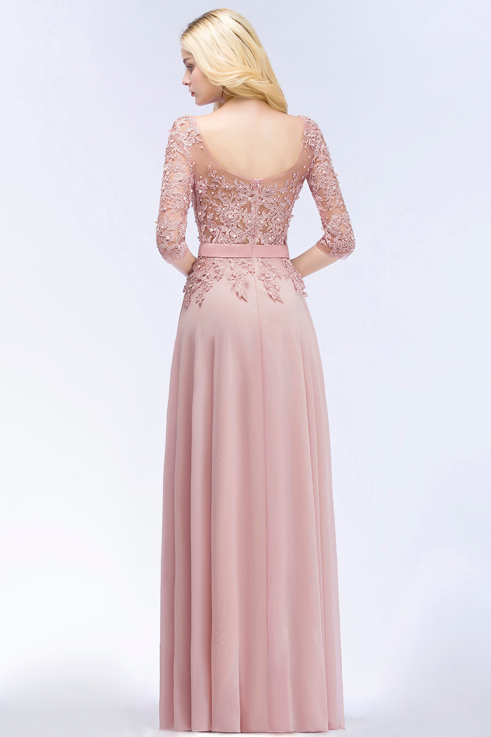 A-line Chiffon Appliques Jewel Half Sleeves Floor Length Bridesmaid Dresses with Sash