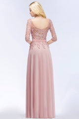 A-line Chiffon Appliques Jewel Half Sleeves Floor Length Bridesmaid Dresses with Sash