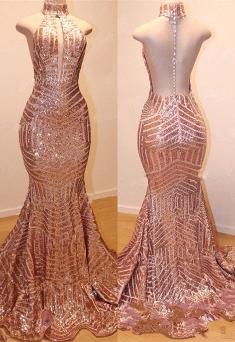 Long High Neck Sleeveless Sequins Mermaid Open Back Prom Dresses