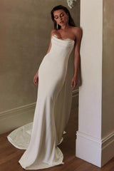 Elegant Long Strapless Mermaid White Floor Length Wedding Dress with Lace
