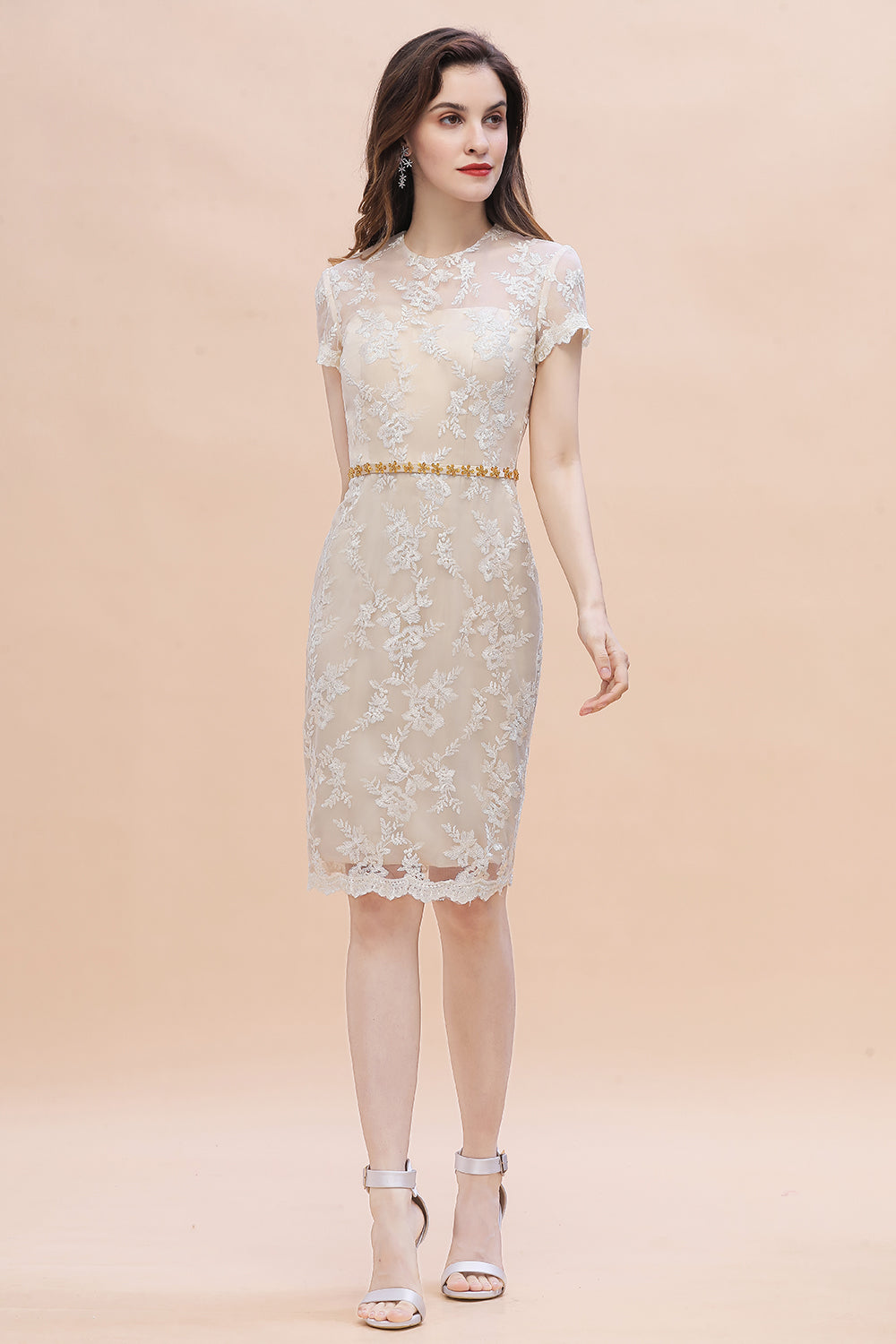 Tulle Lace Beads Belt Short Sleeves Mother of Bride Dress