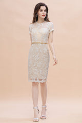 Tulle Lace Beads Belt Short Sleeves Mother of Bride Dress