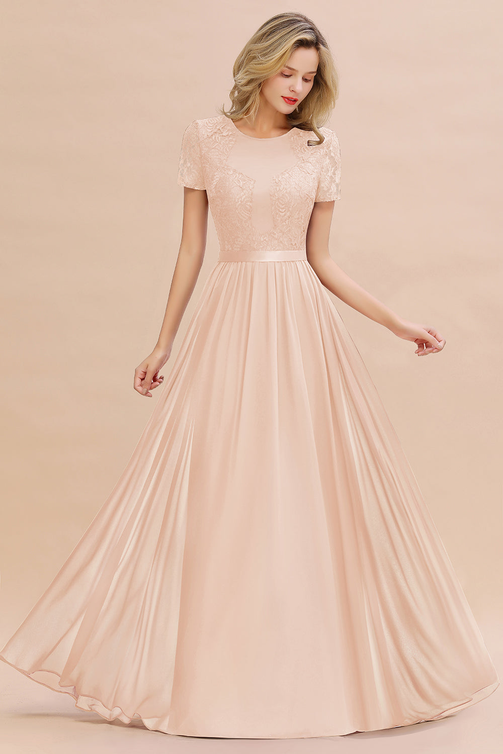 Chiffon Lace Scoop Short Sleeve Bridesmaid Dress
