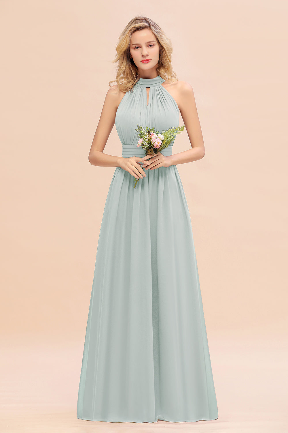 Dusty Sage Long High Neck Chiffon Bridesmaid Dresses with Ruffle