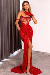 Red Long Mermaid Sequin Split Front Strapless Prom Dress with Gloves