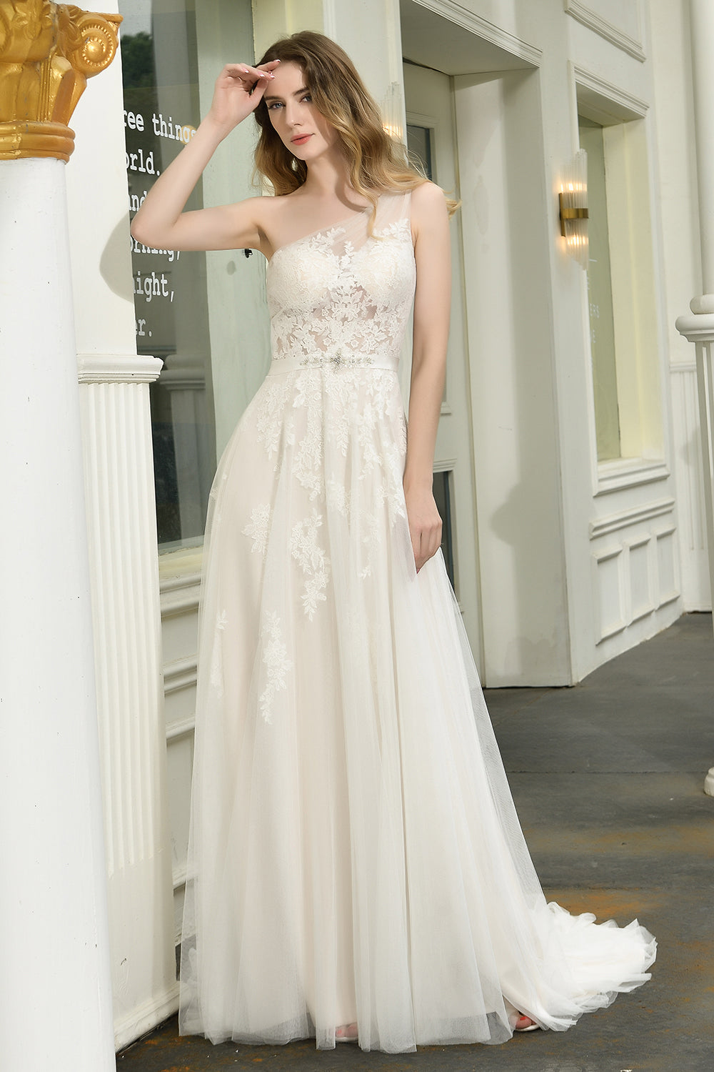 Elegant Long A-line One Shoulder Lace Tulle Backless Wedding Dresses
