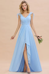 Simple High Low A-line V-Neck Ruffles Chiffon Bridesmaid Dress