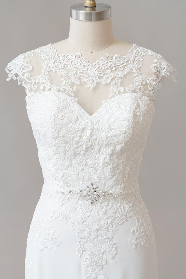 Long Mermaid Lace Chiffon Wedding Dress es with Cap Sleeve