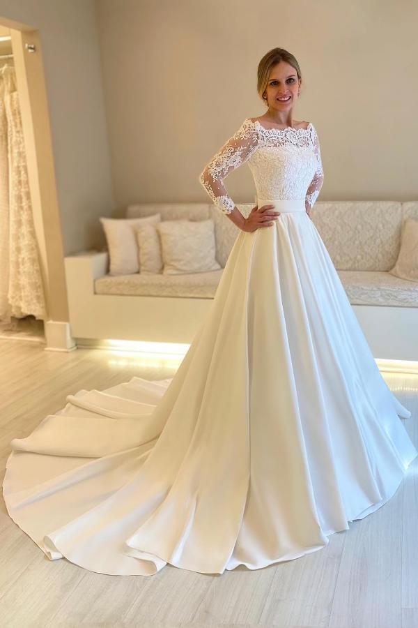 Beautiful Long A-line Bateau Neck Satin Floral Lace Appliques Wedding Dresses with Sleeves