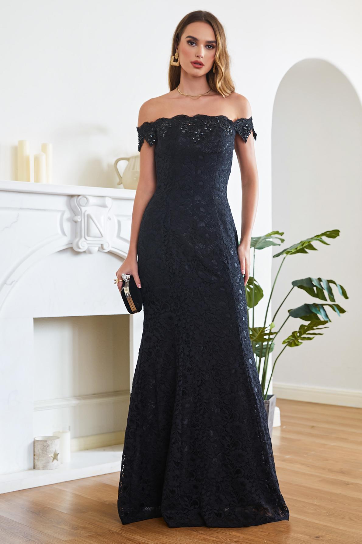 Long Off The Shoulder Floral Lace Mermaid Floor Length Formal Evening Dress