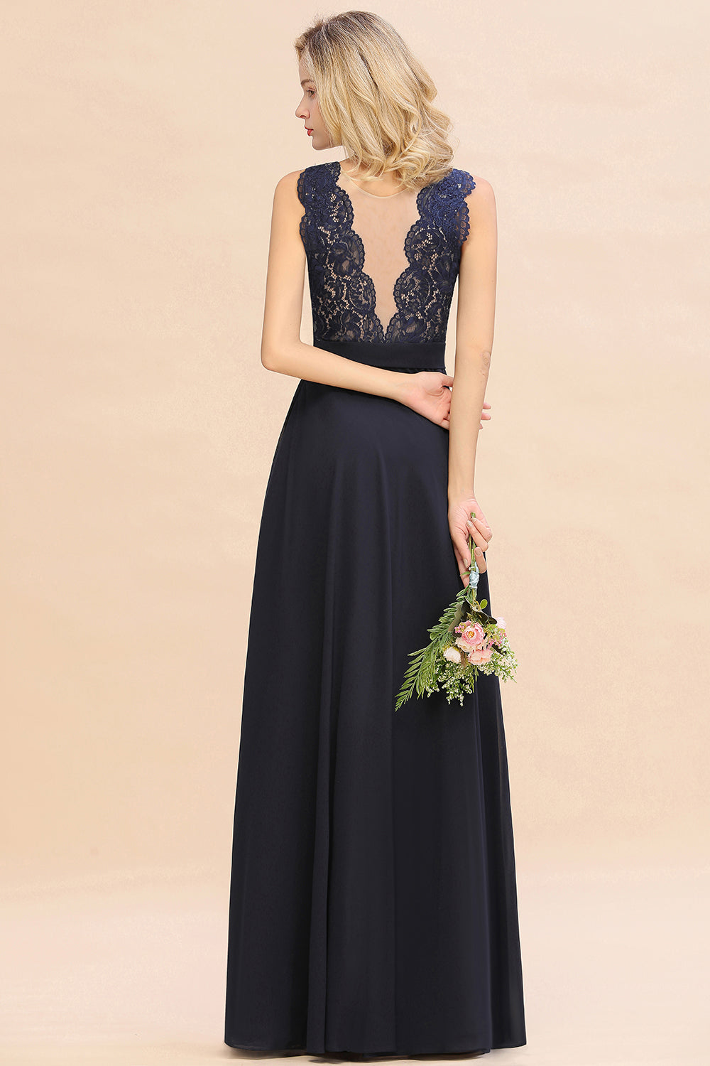 Long A-line Chiffon Lace Sleeveless Bridesmaid Dresses