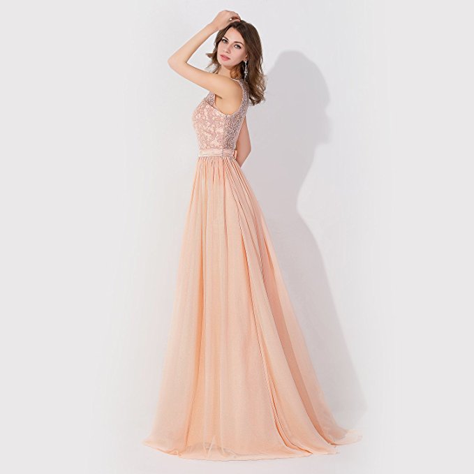 A-Line Chiffon Lace Jewel Sleeveless Floor Length Bridesmaid Dress with Ruffles
