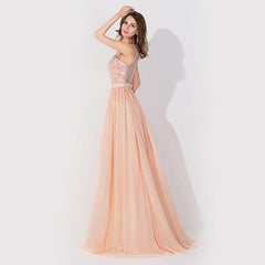 A-Line Chiffon Lace Jewel Sleeveless Floor Length Bridesmaid Dress with Ruffles
