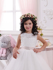 White Long Ball Gown Tulle Lace Jewel Neck First Communion Flower Girl Dresses