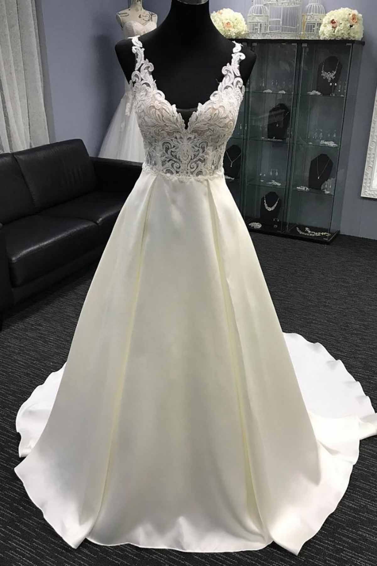 White Satin V Neck Long Lace A-Line Wedding Dress