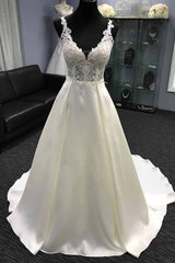 White Satin V Neck Long Lace A-Line Wedding Dress