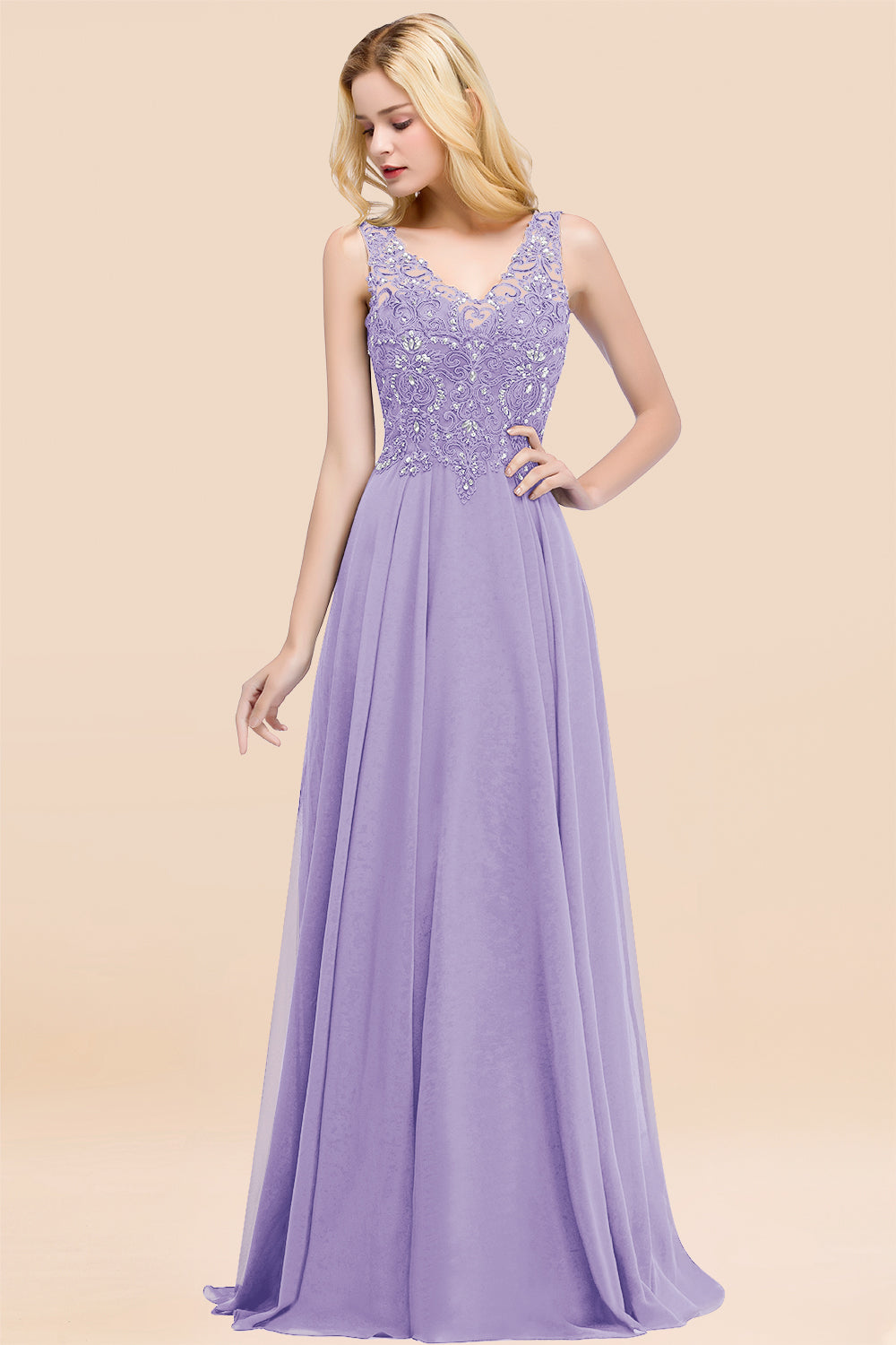 Dusty Rose Lace V-Neck Long Bridesmaid Dresses With Appliques