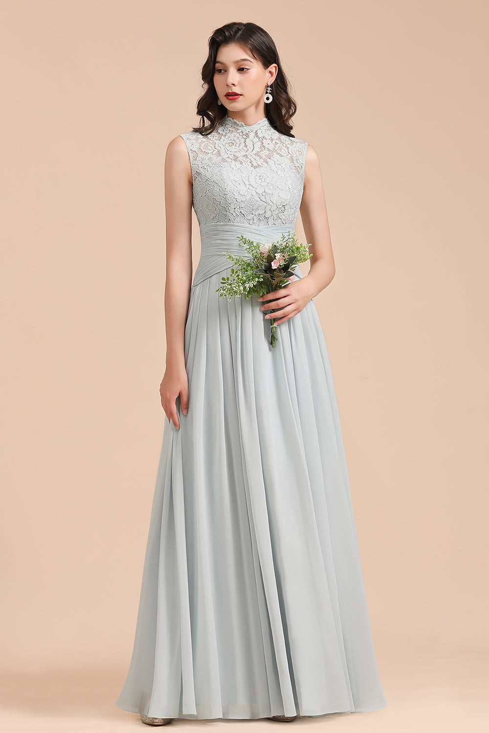 Long A-line High Neck Lace Sleeveless Chiffon Bridesmaid Dress