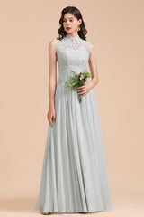 Long A-line High Neck Lace Sleeveless Chiffon Bridesmaid Dress